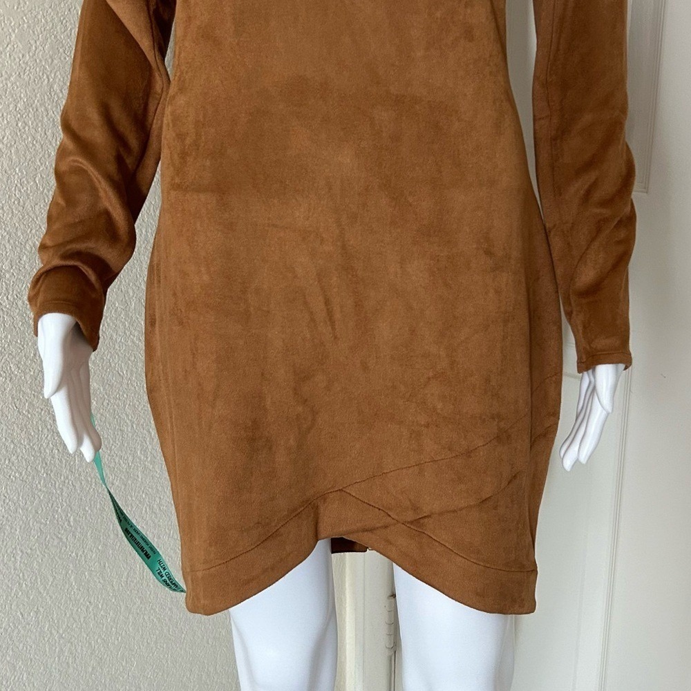 Mistress Rocks Long Sleeve Round Neck Tan Vegan Suede Asymmetric mini Dress - L - Picture 4 of 8